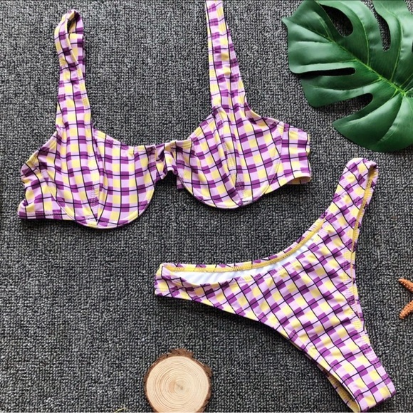 1627 Lydia purple checked cheeky swimsuits - Picture 3 of 6